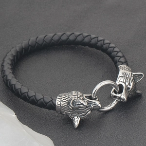 8mm schwarzes Lederarmband mit Wolfskopf aus Edelstahl im markanten Retro-Design