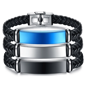 Pulsera de Cuero Trenzado de Acero Inoxidable Minimalista para Hombre Estilo Industrial Placa de Metal Pulido Joyería Regalo