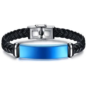 Pulsera de hombre en cuero trenzado negro con placa pulida de acero inoxidable azul