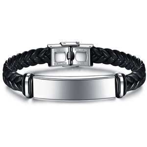 Pulsera trenzada de cuero negro con placa de acero inoxidable pulido de 12mm