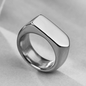 Polished silver stainless steel signet ring with a flat 9mm rhombus shaped face