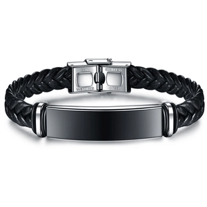 Pulsera para hombre de cuero trenzado negro con placa de acero inoxidable y cierre plata