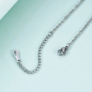 Detailed macro view of silver necklace lobster clasp and 18KGP engraved metal tag