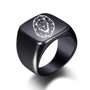 Men's black brushed stainless steel signet ring with engraved white lion head pattern