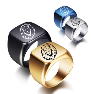 Men's Stainless Steel Lion Head Signet Ring Laser Engraved Animal Pattern Square Brushed Finish Biker Fashion Jewelry Finger Ring