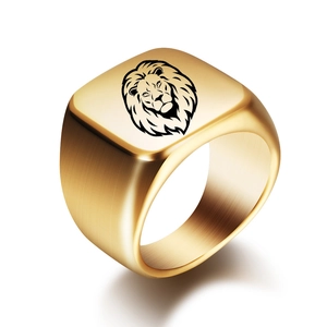 Men's gold lion head signet ring in brushed stainless steel with square top design