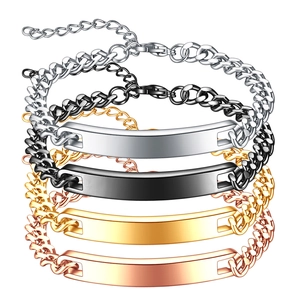 Stainless Steel Curb Chain ID Plate Bracelet For Women Men Personalized Curved Bar Fashion Adjustable Link Bracelet Jewelry