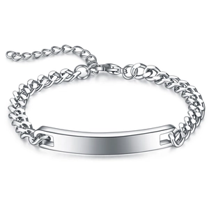 Minimalist 7mm silver stainless steel curb chain bracelet with curved bar plate