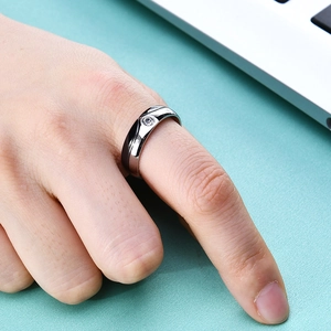 Modern silver stainless steel couple ring with round zircon and black enamel inlay