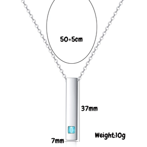 Detailed size chart of stainless steel bar pendant necklace with blue square stone