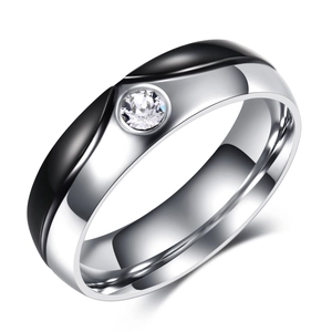 Modern 4mm-6mm stainless steel couple ring with black inlay and center zircon stone