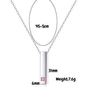 Detailed size map of silver bar pendant necklace with pink zircon and 45+5cm chain length