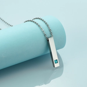 Polished stainless steel bar necklace with a blue square zircon pendant for men
