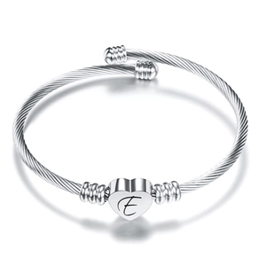Silver stainless steel cable wire open bangle with heart charm and letter E engraving
