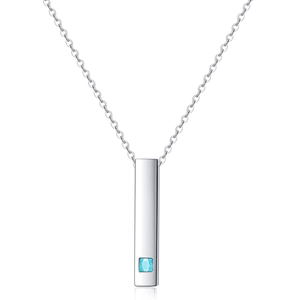 Polished stainless steel bar necklace with a blue square gemstone inlay for couples