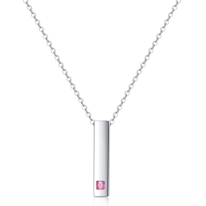Polished stainless steel bar necklace with pink square gemstone and fine link chain