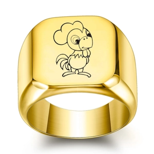 Chevalière carrée plaquée or 18 carats avec gravure de coq de dessin animé du zodiaque