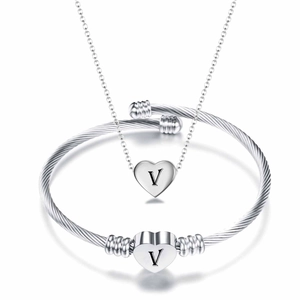Edelstahl Herz Initial Halskette Und Gedrehtes Kabel Armband Schmuckset Für Damen Silber Buchstaben A-Z Anhänger Geschenk