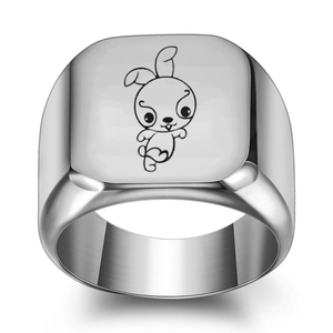 Chevalière carrée en acier inoxydable argenté poli avec gravure de lapin de dessin animé