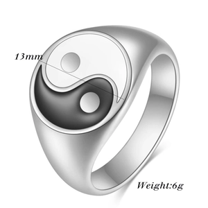 Detailed view of 13mm oval Yin Yang signet ring in silver finish showing weight and size