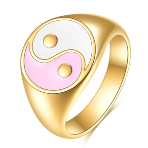 Detail of 18K gold stainless steel ring with pink and white enamel yin yang symbol