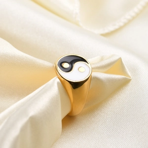 18K gold plated stainless steel signet ring with black and white Yin Yang enamel design