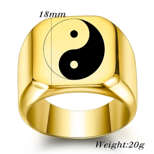 Detailed 18mm gold signet ring featuring laser-engraved Tai Chi Yin Yang symbol