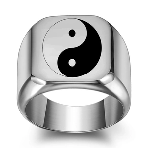 Polished stainless steel square signet ring featuring a laser-engraved Yin Yang Tai Chi symbol
