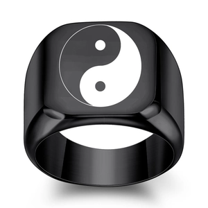 Men's black stainless steel signet ring with laser engraved Tai Chi Yin Yang symbol