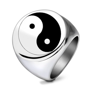 Retro stainless steel ring with 22mm circular Tai Chi Yin Yang symbol in silver finish