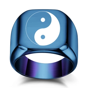 Polished blue stainless steel signet ring featuring a laser-engraved Yin Yang Tai Chi symbol