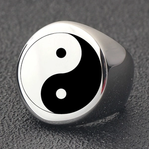 Retro stainless steel signet ring featuring a polished Yin Yang Tai Chi symbol