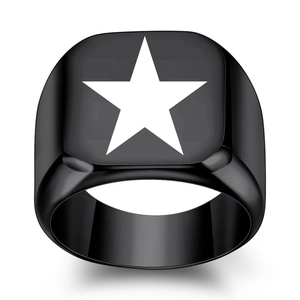 Black stainless steel square signet ring with white laser engraved pentagram star