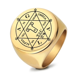 Anello Sigillo in Acciaio Inossidabile Tetragrammaton per Uomo Vintage Esagramma Simbolo Occulto Anello Tondo Alpha Omega Gioielli Oro Argento