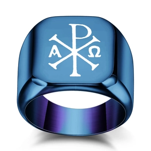 Herren Retro Edelstahl Siegelring Quadratisch Poliert Christian Chi-Rho Alpha Omega Religiöses Symbol Lasergravur Ring