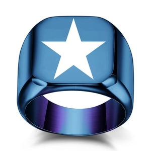 Blue stainless steel signet ring for men with a white star design and purple inner band