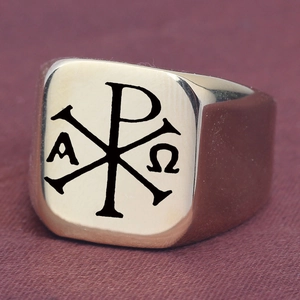 Goldener quadratischer Edelstahl-Siegelring mit Chi-Rho und Alpha Omega Symbolen