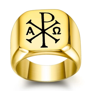 Quadratischer goldener Siegelring aus Edelstahl mit Chi-Rho Alpha und Omega Symbolen