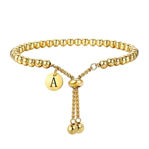 Dames Minimalistisch Roestvrij Staal Verguld Kralen Verstelbare Armband Alfabet Letter Ronde Label Bolo Sluiting Sieraden