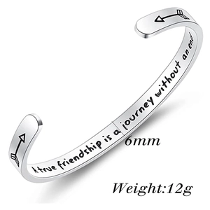 6mm wide stainless steel cuff bangle with friendship quote engraving and arrow detail