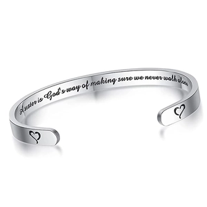 Polished stainless steel 6mm C-shape cuff bracelet with sisterhood quote engraving