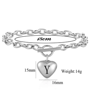 Silver stainless steel 18cm chain bracelet with heart charm and OT toggle clasp