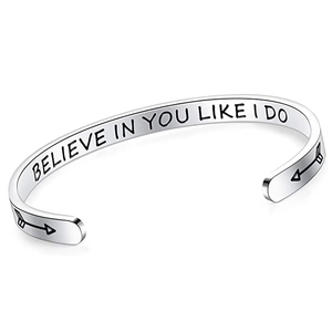 6mm silver stainless steel cuff bracelet with Believe In You Like I Do engraved quote