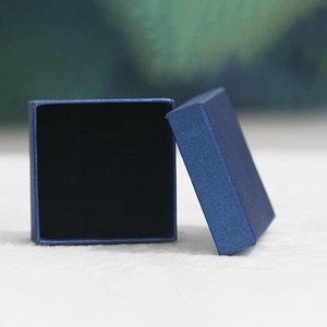Square dark blue textured jewelry gift box with premium black flocking lining for rings