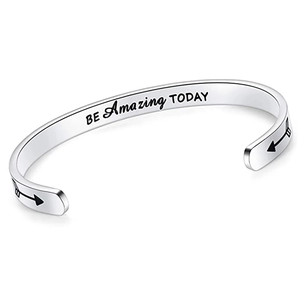 Detailed close-up of 6mm silver stainless steel cuff engraved with BE Amazing TODAY