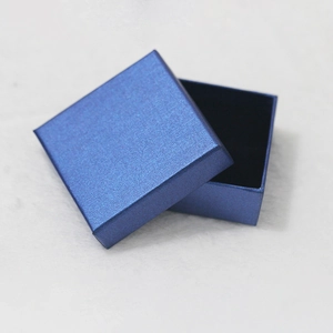 Navy blue textured square jewelry gift box with black velvet foam insert