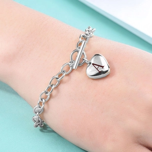 Minimalist silver stainless steel heart pendant bracelet with letter A and OT clasp