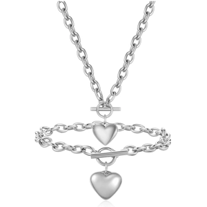 Polished stainless steel OT buckle jewelry set featuring heart pendants and thick chains