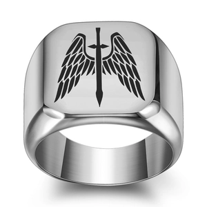 Anello a sigillo in acciaio inossidabile lucido con ali d'angelo e motivo spada