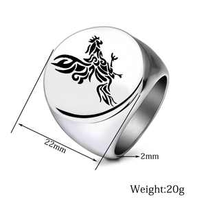 Macro view of 22mm stainless steel signet ring with laser engraved rooster design